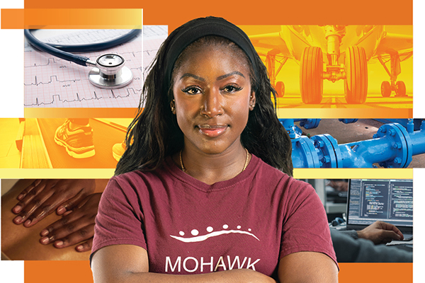 Student wearing a Mohawk College t-shirt posing in front of a collage of their influences