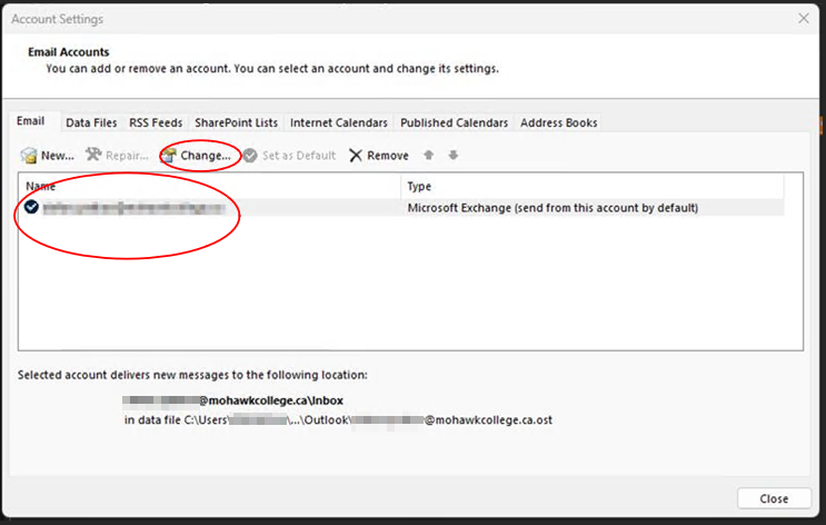 account settings window with "change" button and email address under "email accounts" circled in red