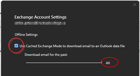 red circle around "use cached exchange mode" checkbox and "all" buttons