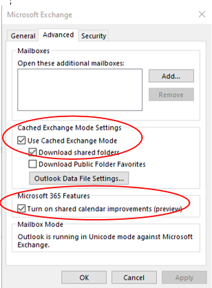 red circle around checked "use cached exchange mode", "download chared folders" and "turn on shared calendar" checkboxes 