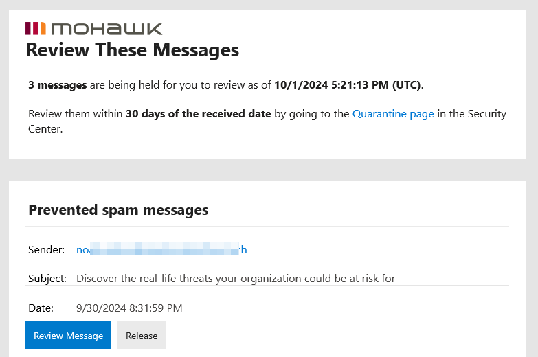 Screenshot showing a sample of the daily quarantine reminder email. The top reads "Review these messages" and indicates how many messages are awaiting review.