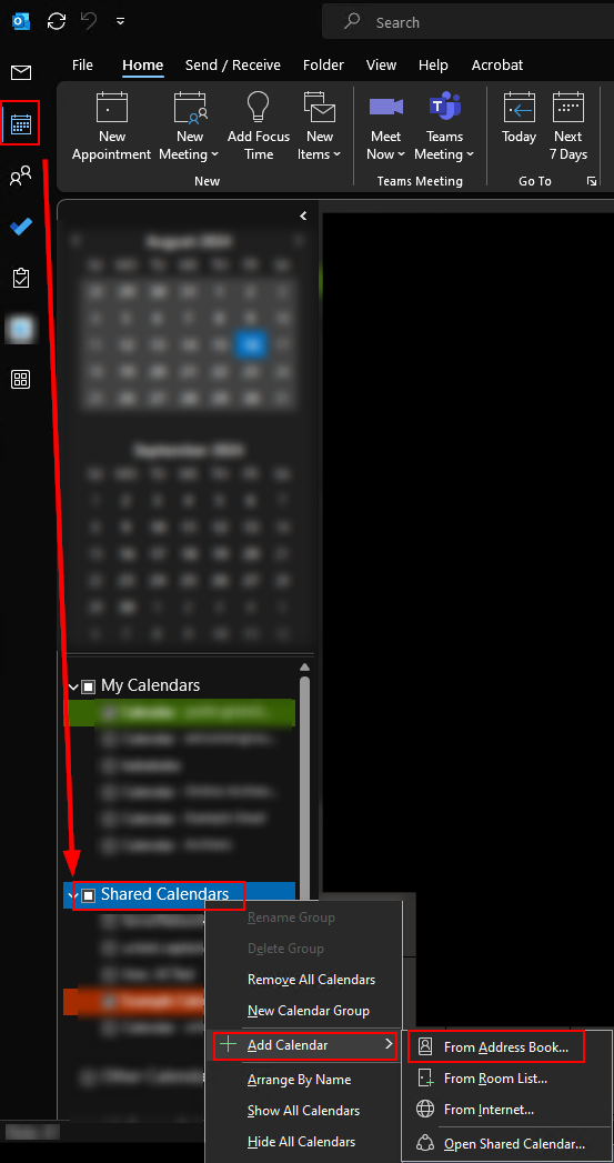 arrow pointing at "shared calendars" to "add calendar" then "from address book"