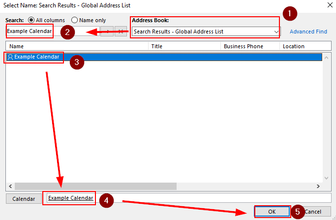 example screenshot with red arrows pointing to each step on how to add and view shared calendars