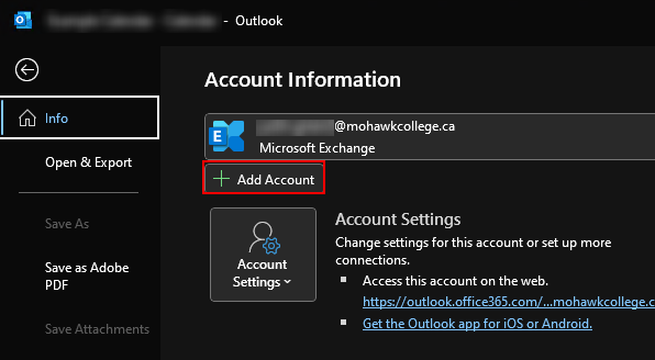 screenshot of outlook info tab with add account highlighted in red