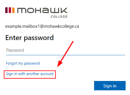 screenshot of outlook enter password with an arrow pointing at "Sign in with another account" with a red box around it