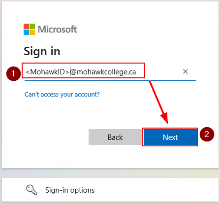 step 1 "sign in with Mohawk ID" and step 2 arrow pointing at "next" button