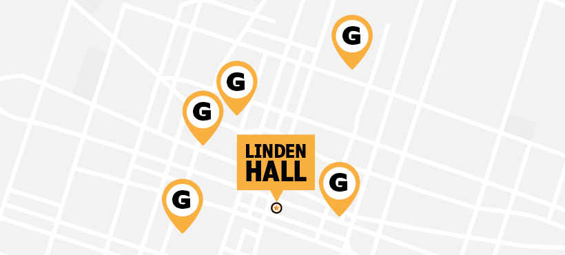 Illustration of a map of Linden Hall and surrounding pins of grocery locations