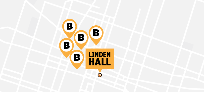 Illustration of a map of Linden Hall and surrounding pins of bank locations