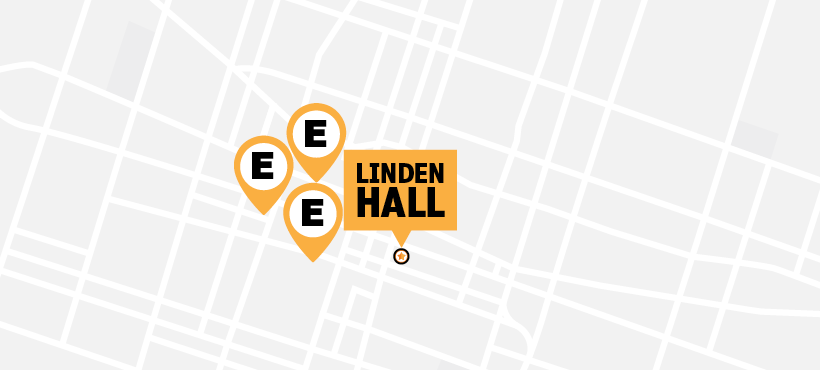 Illustration of a map of Linden Hall and surrounding pins of entertainment locations