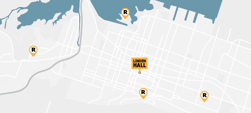 Illustration of a map of Linden Hall and surrounding pins of recreation and parks locations