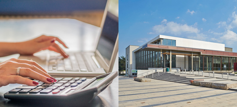 computers on desk juxtaposed with Fennell Campus