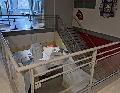 Pre-renovation view of stairwell from PPC leading into Library downstairs