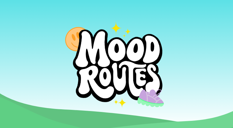 [Purple and green sneaker and orange smiley face in front of Mood Routes text]