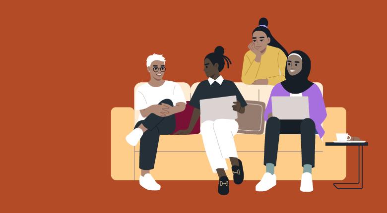 Illustration of a group of people sitting on a couch.