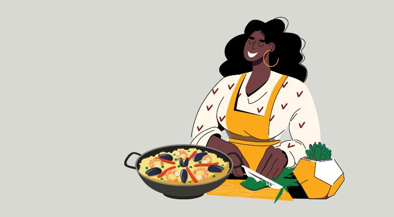 An illustration of a person cooking with a pan full of Caribbean food.