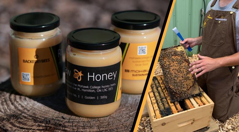 Honey Jars and a bee keeper extracting honey