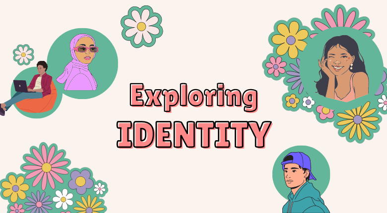 Graphic of diverse students on a flowery background.