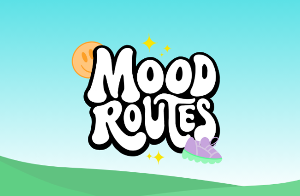 [Purple and green sneaker and orange smiley face in front of Mood Routes text]