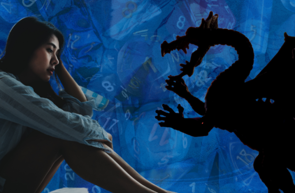 Blue background with a girl sitting down thinking in front of a black dragon 