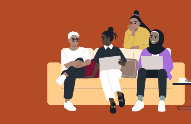 Illustration of a group of people sitting on a couch.