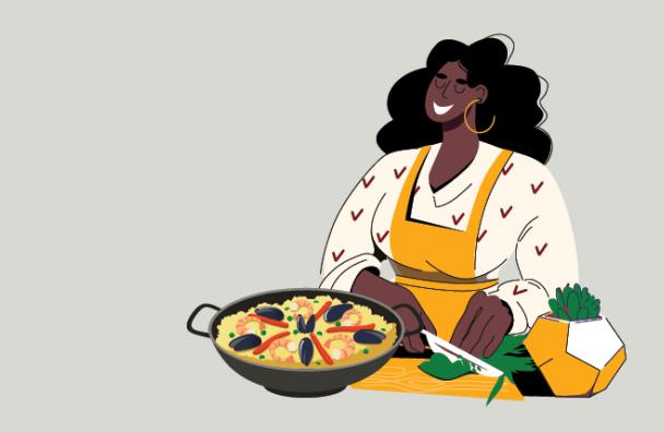 An illustration of a person cooking with a pan full of Caribbean food.