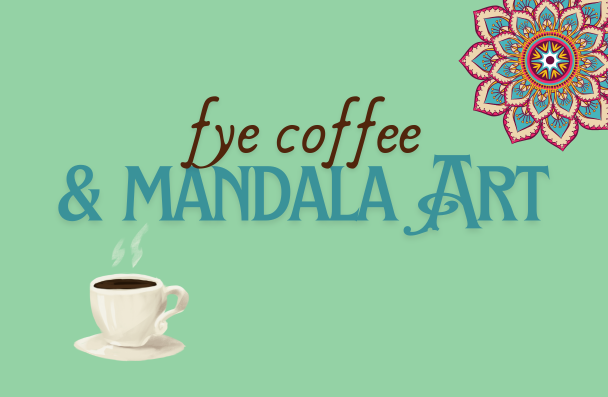 Graphic of cup of coffee and mandala art.