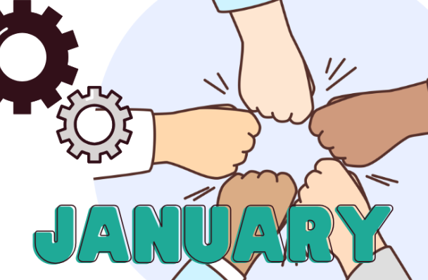 hands coming together in a teamwork fist bump with the word January