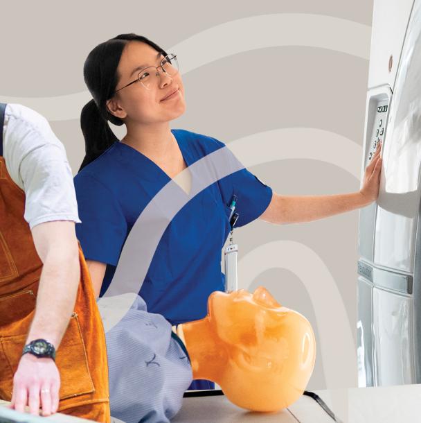 A Mohawk College Skilled Trades on the left and Medical Radiation student on the right, performing practical work in their respective labs