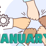 hands coming together in a teamwork fist bump with the word January